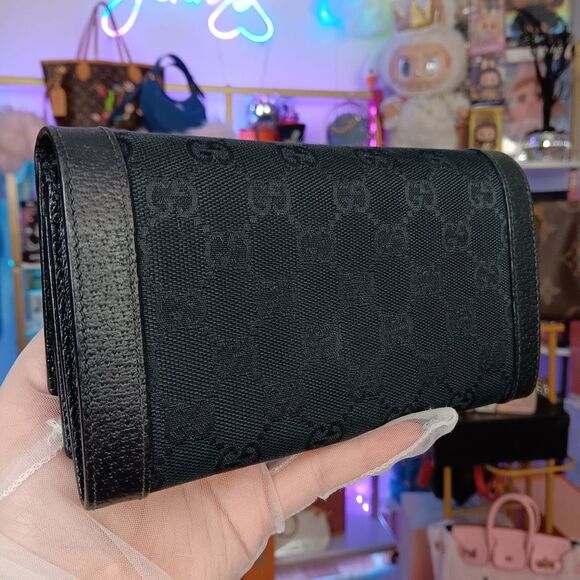 Gucci Vintage Black Monogram Canvas Leather Double Flap Snap Wallet W Box - Picture 5 of 15